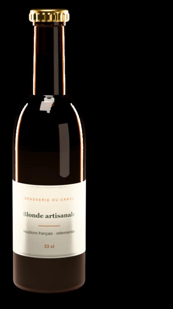 Étiquette 90 × 60 mm posée sur son contenant (Longneck bière · 33 cl)