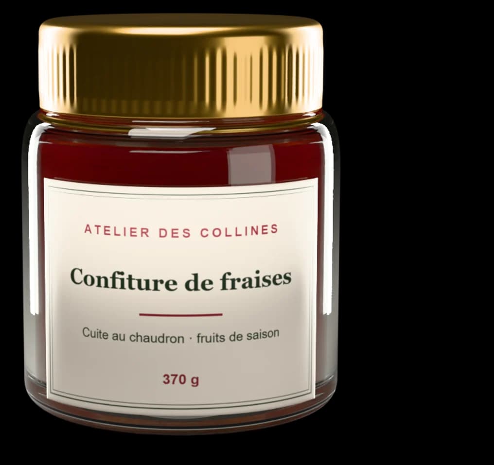 Étiquette 70 × 50 mm posée sur son contenant (Pot droit · 370 g)