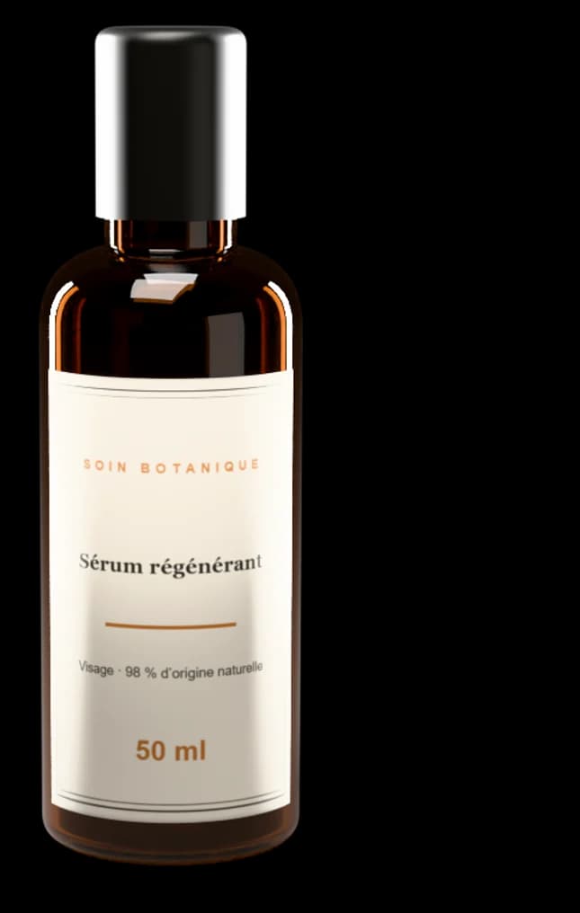 Étiquette 40 × 60 mm posée sur son contenant (Flacon sérum · 50 ml)