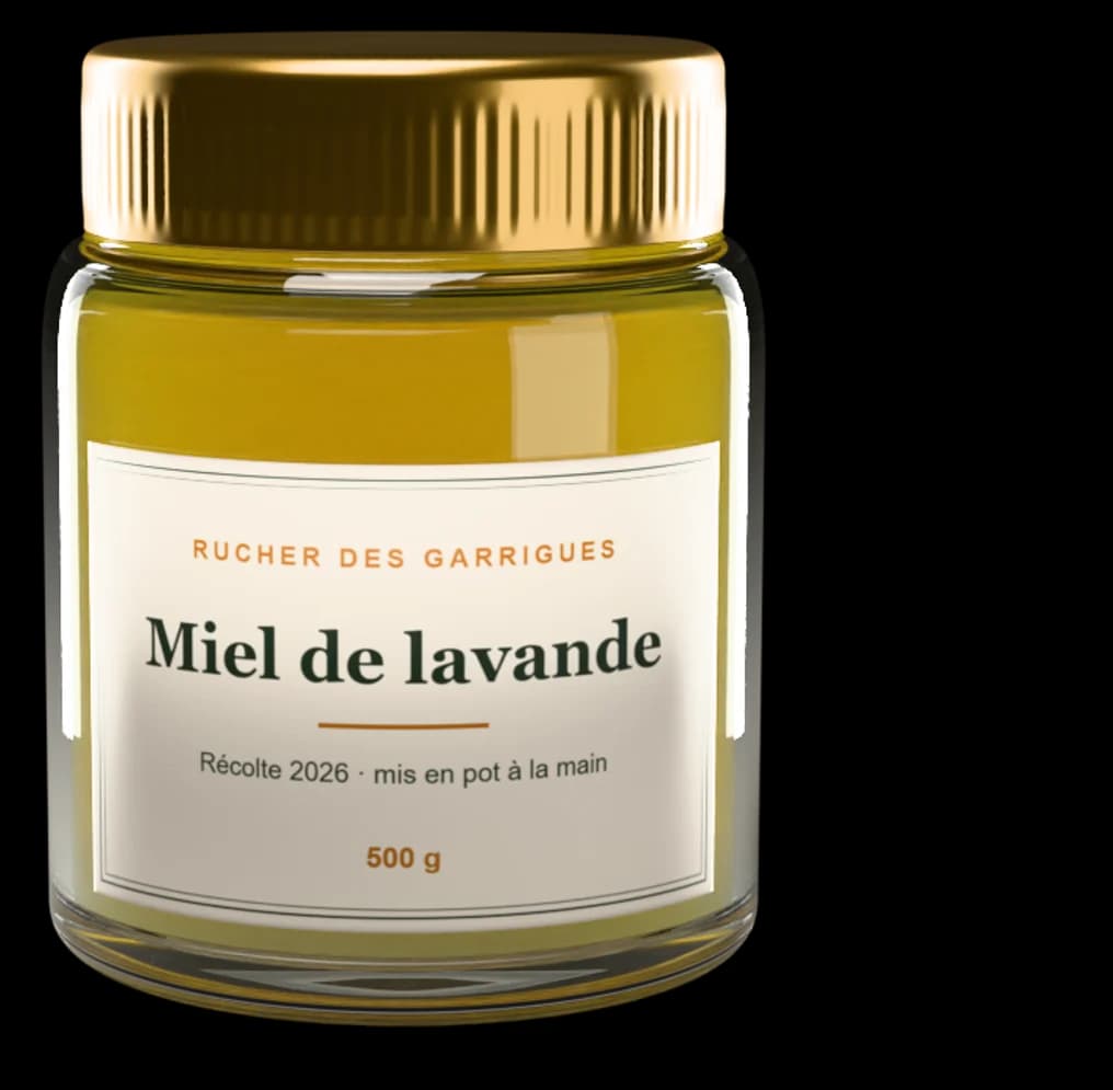 Étiquette 80 × 50 mm posée sur son contenant (Pot de miel · 500 g)