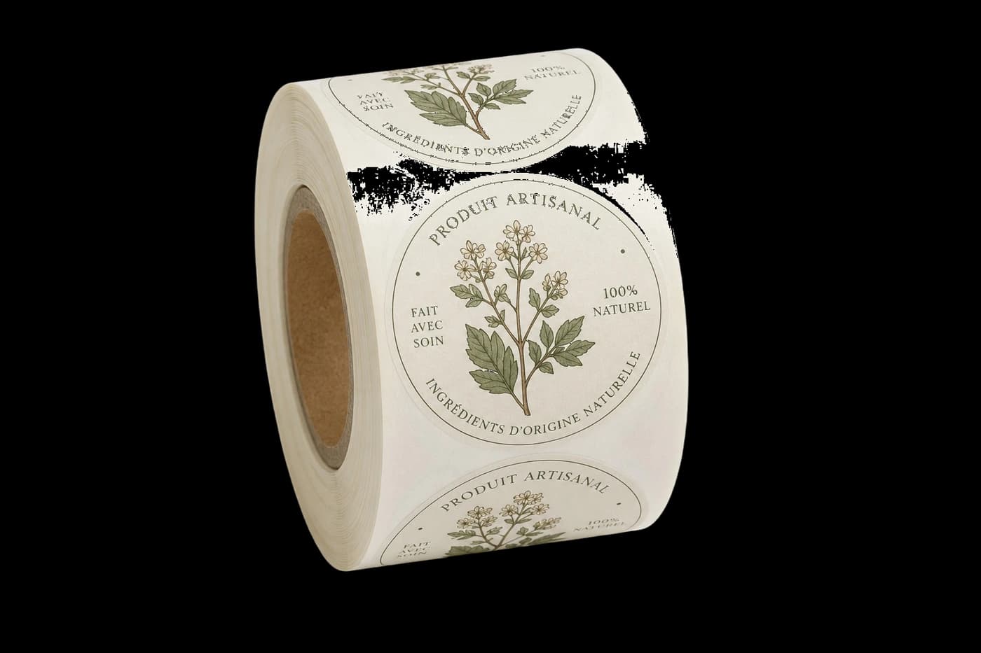 Rouleau d'étiquettes rondes « Produit artisanal » imprimées par Labelena